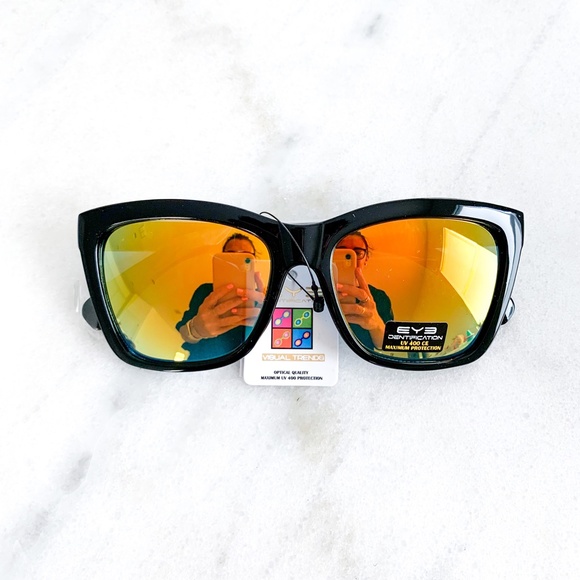 Mirrored Square Sunglasses Orange Gold Studs - Picture 2 of 11